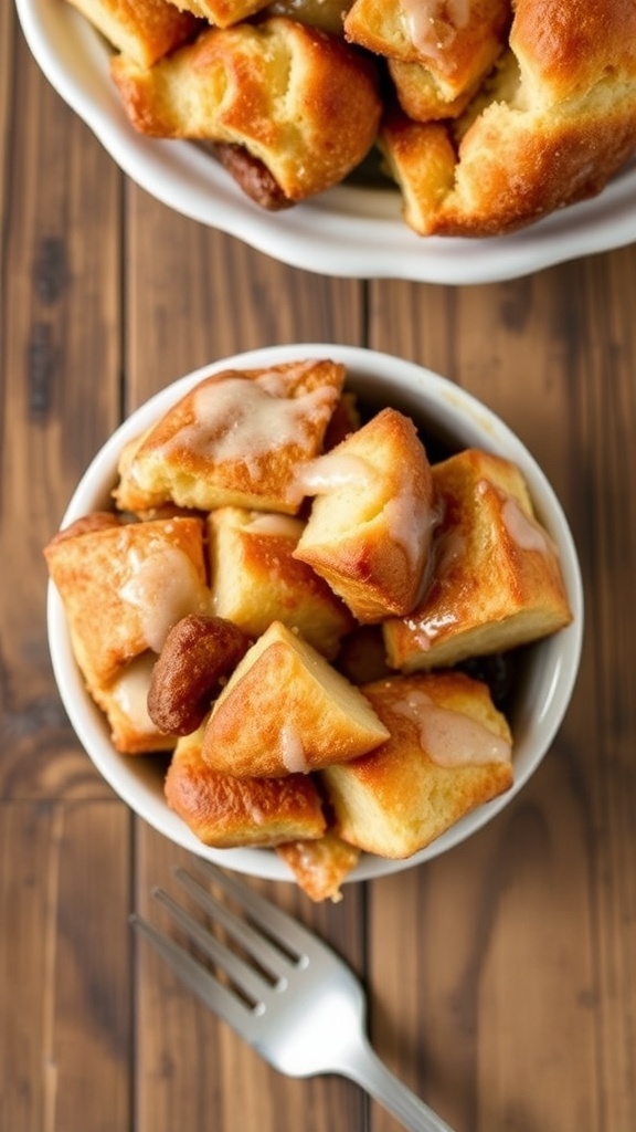 Single serve monkey bread in a small dish, coated in cinnamon sugar and drizzled with icing.